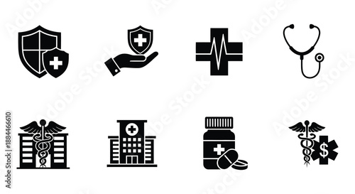 Medical icons representing healthcare protection and emergency services in a graphic design