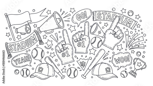 Sports fan doodle art with stadium elements and accessories vector illustration