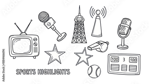 Sports highlights icons tv microphone scoreboard whistle hand drawn vector