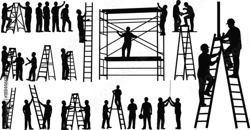 Construction ladder and scaffolding teamwork silhouette set showing workers climbing, assembling structures, repairing buildings, coordinating tasks,  