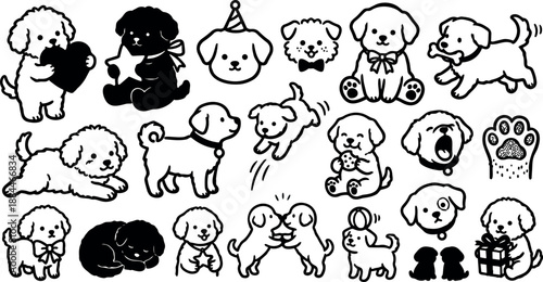 Line art kawaii puppy sticker sheet showing multiple playful puppies holding toys gifts and wagging tails in landscape