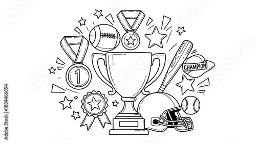 Sports icons illustration featuring trophy medals and equipment elements