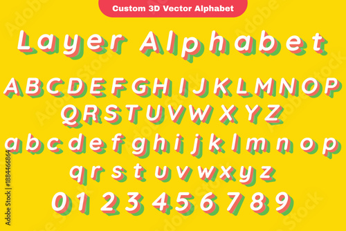 Colorful flat design custom 3d layered alphabet set with uppercase lowercase letters and numbers on vibrant yellow background in playful style