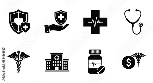 Medical icons representing healthcare protection and emergency services in a graphic design