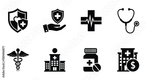 Medical icons representing healthcare protection and emergency services in a graphic design