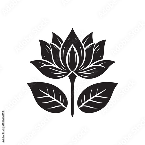 Stylized lotus flower on stem with decorative leaves illustration perfect for holistic wellness logos