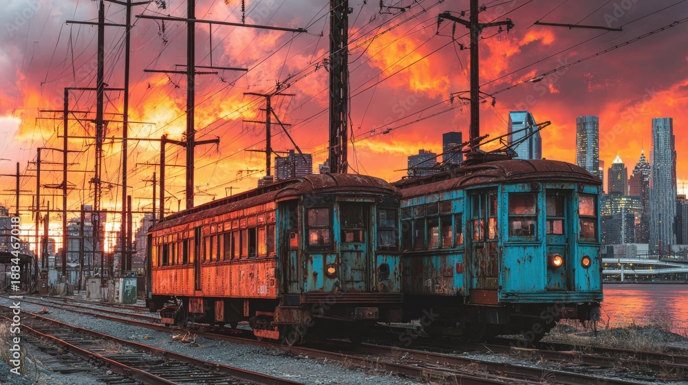 Obraz premium Weathered electric rail cars sit abandoned near a waterfront city skyline during a dramatic sunset