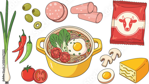 Ramen noodle soup cooking set vector illustration with yellow pot egg vegetables meat and ingredients isolated on white background for food menu design