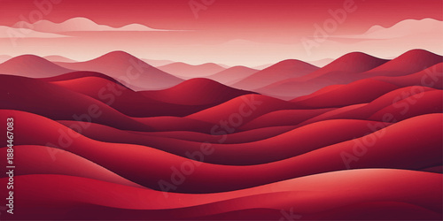 Smooth waves of red and orange silk fabric create a luxury satin texture backdrop with soft curves illustrating a desert mountain sunset design