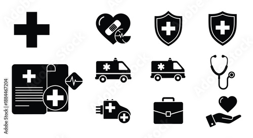 Medical icons representing healthcare protection and emergency services in a graphic design