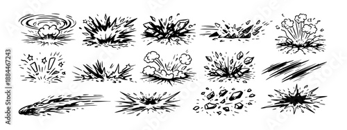 Vector comic doodle boom elements and superhero line icons showing explosion effect, dust, debris, and speed motion. These doodle superhero effect graphics look energetic and powerful.