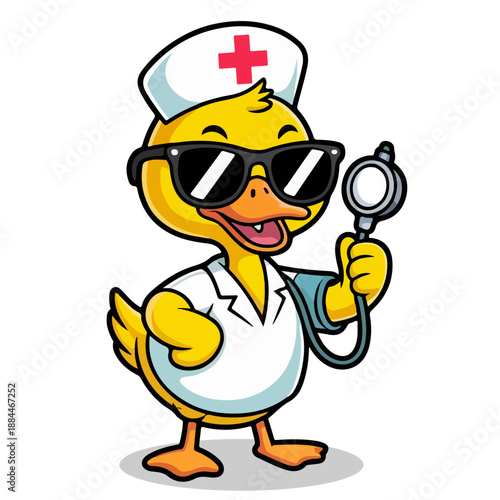 Cute Duck Doctor Cartoon Character Vector Illustration Wearing Nurse Hat and Sunglasses Holding Stethoscope Isolated on White Background