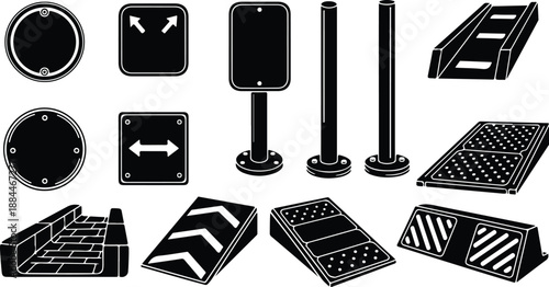 Black and white road signs and pavement markings illustration