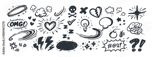 Comic doodle line set with anime expressions and movement effect icons, dynamic hand-drawn elements for emotional design. These expressions movement doodle graphics look energetic.