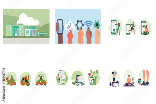 Illustrations Depicting Integrated Digital Lifestyle Solutions, Smart City Concepts, Business Innovations, and Personal Wellness Technology