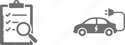 Electric vehicle inspection and checklist icons set isolated flat vector symbols for charging maintenance safety and automotive service design