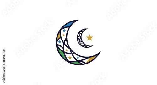 Crescent moon and star symbol.