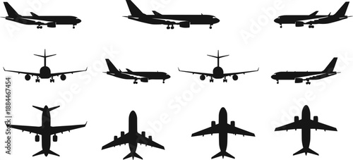 Professional airplane silhouette vector set featuring aircraft from side top and front views for travel industry marketing aviation logos and global logistics design projects.