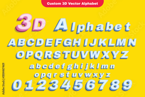 Custom 3d vector alphabet set with uppercase lowercase and numeric characters in blue and pink shadow on bright yellow background detailed cartoon style