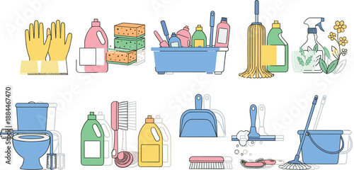 Professional household cleaning supplies vector icon set with mop bucket detergent spray bottle gloves and toilet brush isolated on white for maintenance service design
