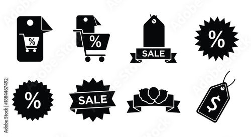 Black and white sale icons depicting discounts shopping carts and price tags