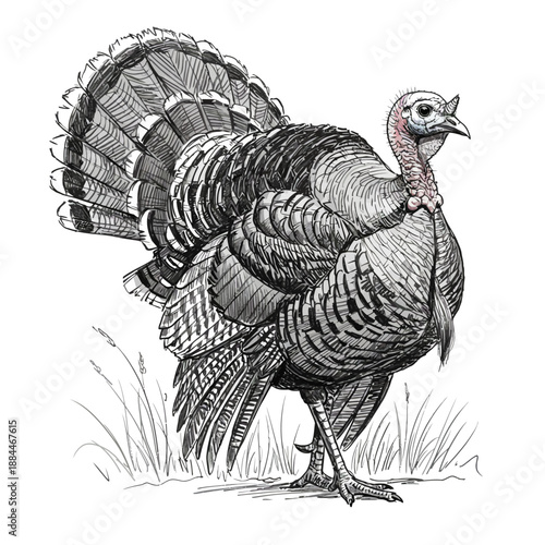 Vector illustration of a powerful Wild Turkey (Meleagris gallopavo) in a natural setting, American bird