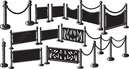 Various types of black barriers and stanchions with ropes
