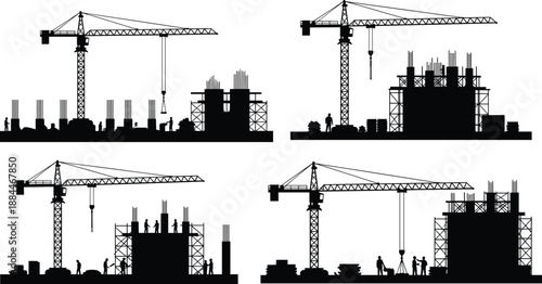 Construction site silhouettes collection showing tower cranes, workers and reinforced concrete structures illustrating urban building development,  