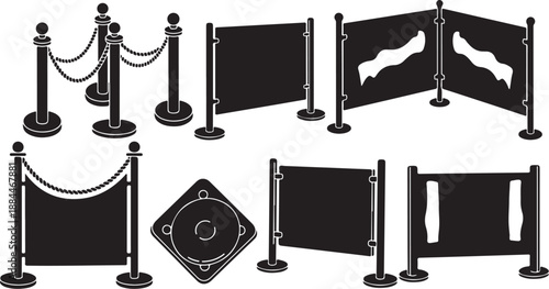 Various Black Event Barriers and Stanchions with Ropes Displayed
