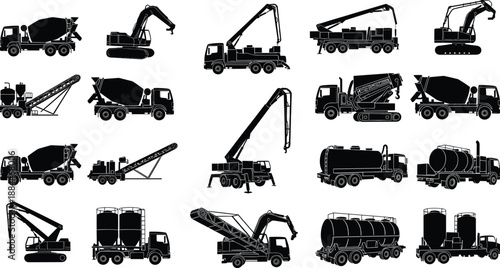 Construction heavy machinery silhouettes collection featuring trucks, cranes, excavators, concrete mixers and industrial vehicles, building industry equipment set, black vector icons isolated on white