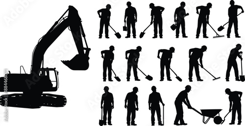 Construction worker and excavator silhouette set showing digging, shoveling, raking, lifting, wheelbarrow handling, and heavy machinery operation for industrial building and roadwork concepts