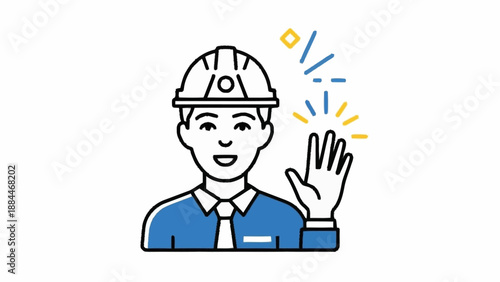 Construction worker wearing hard hat waving hello friendly greeting.