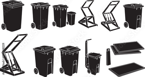 Various Black Trash Cans and Recycling Bins Illustrations