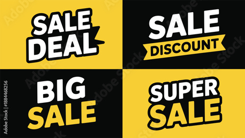Four bold, stylized advertising banners promoting sales deals using black and yellow.