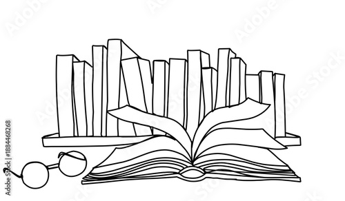 One continuous line banner of openflying books. Education and knowledge library concept in simple line style.