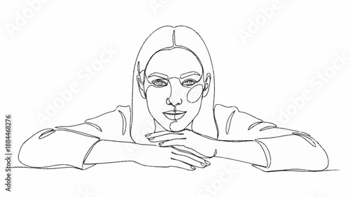 Continuous line drawing of a woman resting her chin on her hands.