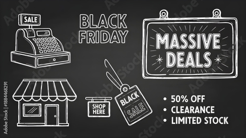 Hand-drawn chalk art illustrating a bustling retail sale event with a cash register, storefront, and discount tags highlighting massive promotional offers and savings