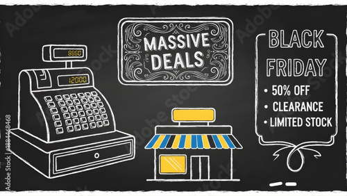 Black Friday Massive Deals and Clearance Sale on Storefront and Cash Register Illustration on Chalkboard