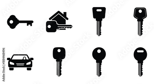 Black silhouettes of various keys a house a car and lock icons