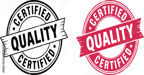Two quality certification stamps displayed, one in black outline and one in red fill.