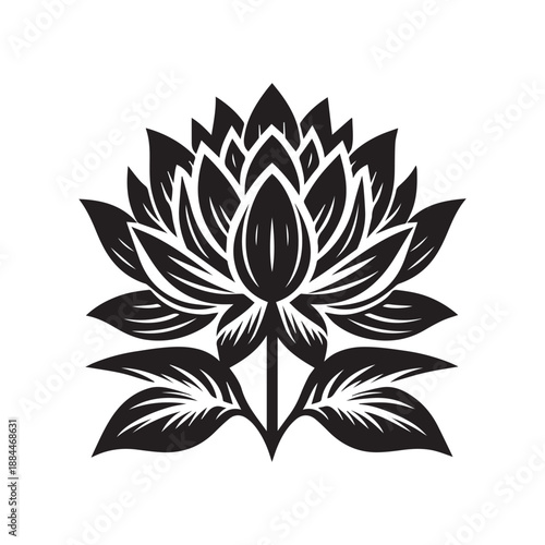 Elegant black and white lotus flower emblem design isolated on white background