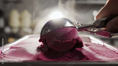 Deep Purple Ice Cream Scoop Captures Frozen Dessert Releasing Vapors in Dramatic Lighting