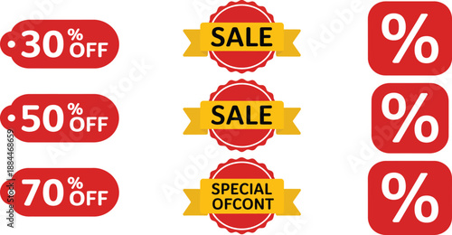 Assortment of red and yellow promotional sale tags offering percentage discounts.