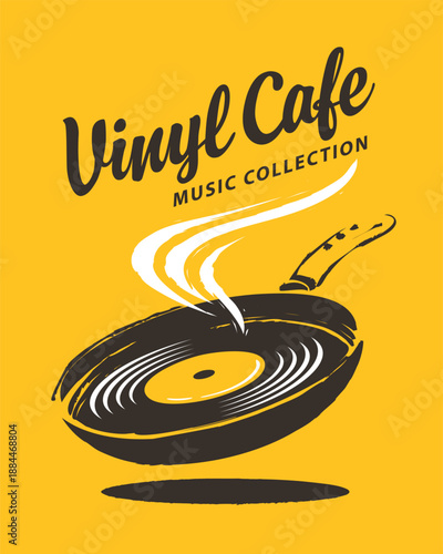Vector signboard or banner for cafe or music restaurant with vinyl record inside frying pan and fried egg on yellow background in vintage style. Menu, logo, advertising poster. Not aI