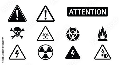 Collection of warning signs and hazard symbols skulls radiation and electricity