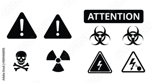 Collection of warning signs and hazard symbols skulls radiation and electricity