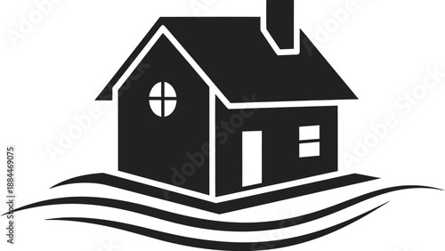 Rising flood waters threatening a house home climate change concept simple black and white illustration