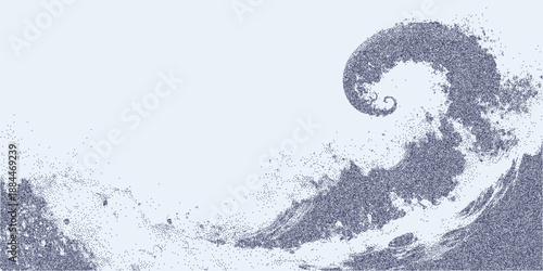 Silhouette of waves and tentacles with granular grain texture, scattered dust and faint stains on textured paper.