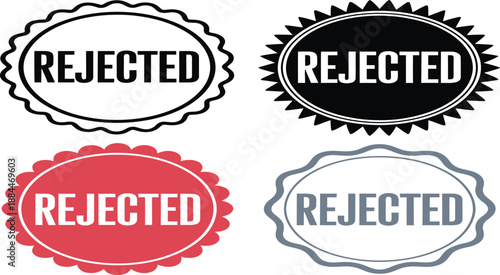 Four distinct decorative badges display the word rejected in various shapes and colors.