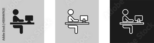 Office worker sitting at desk computer icon set in silhouette outline and inverted styles isolated flat vector design